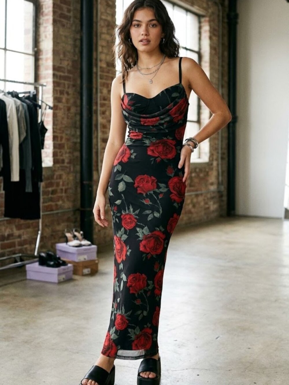 Madden Girl Black Red Rose Mesh Maxi Dress Medium Bodycon Bustier Open Back